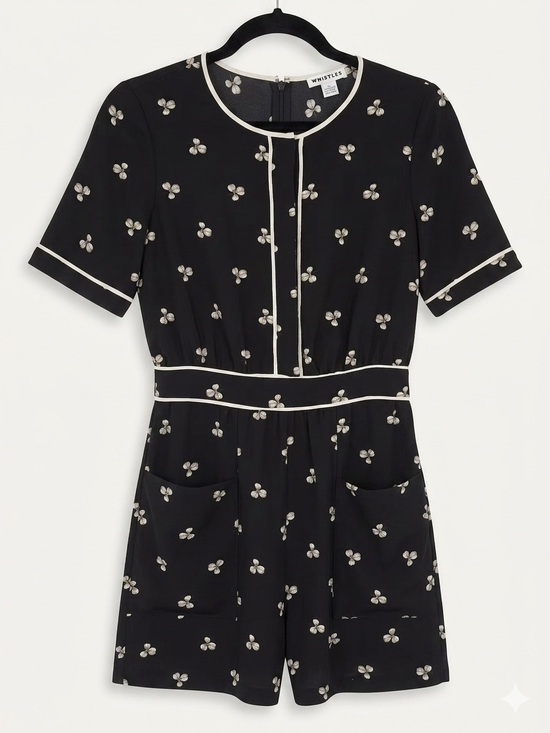 Whistles Pants - Whistles Women’s Silk Trim Black Romper w/Whimsical Cream Floral Design size 4
